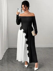 Elenzga Elegant Long Floral Patchwork Dress For Women Dinner Party Black And White Autumn - Black - View 1