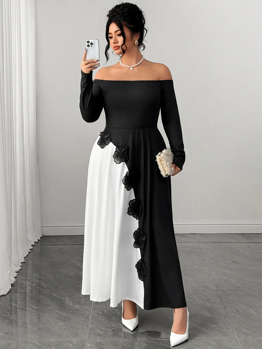 Elenzga Elegant Long Floral Patchwork Dress For Women Dinner Party Black And White Autumn - Black - View 1