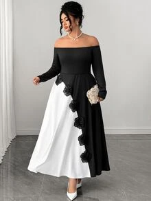 Elenzga Elegant Long Floral Patchwork Dress For Women Dinner Party Black And White Autumn - Black - View 5