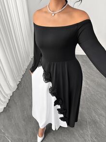 Elenzga Elegant Long Floral Patchwork Dress For Women Dinner Party Black And White Autumn - Black - View 6