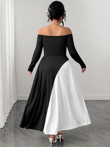 Elenzga Elegant Long Floral Patchwork Dress For Women Dinner Party Black And White Autumn - Black - View 2