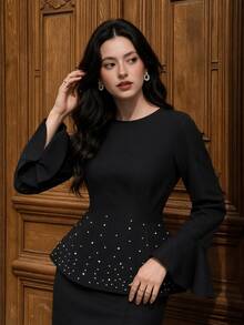 Graceveil Women's Black Round Neck Long Sleeve Top With Ruffle Hem, Pearl Embellishments And Back Waist Belt Design, Suitable For Evening Dinner Party Night - Black - View 9
