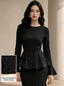 Graceveil Women's Black Round Neck Long Sleeve Top With Ruffle Hem, Pearl Embellishments And Back Waist Belt Design, Suitable For Evening Dinner Party Night - Black - View 2