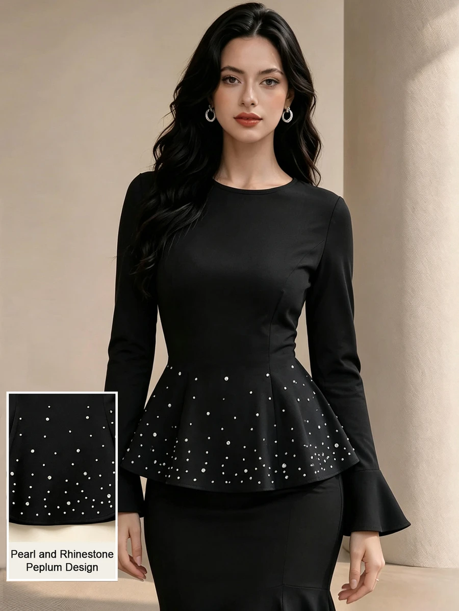 Graceveil Women's Black Round Neck Long Sleeve Top With Ruffle Hem, Pearl Embellishments And Back Waist Belt Design, Suitable For Evening Dinner Party Night