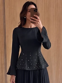 Graceveil Women's Black Round Neck Long Sleeve Top With Ruffle Hem, Pearl Embellishments And Back Waist Belt Design, Suitable For Evening Dinner Party Night - Black - View 5