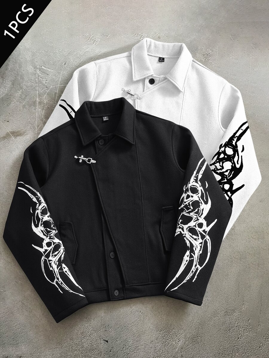 PAVTROS Men's 1pc Gothic Print Asymmetrical Collar Metal Decor Jacket - Black - View 1