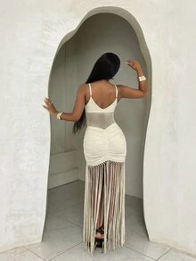 BamGleam 女款性感度假風露背繫帶網紗鏤空流蘇下擺細肩帶洋裝，米白色夏季夜店約會穿搭 - 杏色 - 查看 5