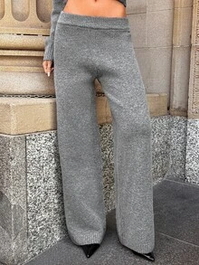 Aloruh Celana Panjang Rajut Wanita Warna Polos Kasual Serbaguna untuk Pemakaian Sehari-hari - Dark Grey - View 9