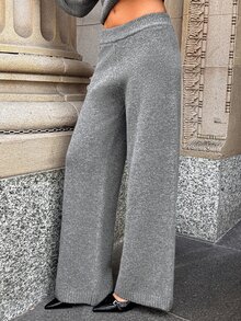 Aloruh Celana Panjang Rajut Wanita Warna Polos Kasual Serbaguna untuk Pemakaian Sehari-hari - Dark Grey - View 6