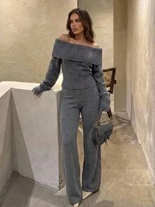Aloruh Celana Panjang Rajut Wanita Warna Polos Kasual Serbaguna untuk Pemakaian Sehari-hari - Dark Grey - View 8