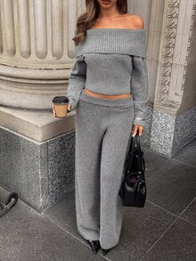 Aloruh Celana Panjang Rajut Wanita Warna Polos Kasual Serbaguna untuk Pemakaian Sehari-hari - Dark Grey - View 5