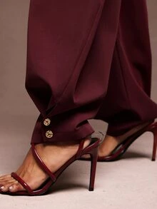 Vixey High Waisted Barrel Office Pants With Gold Button Cuffs, Work Office Outfits, Formal Pants - Red Plum - View 5