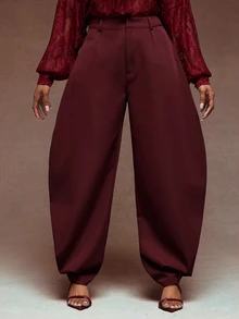 Vixey High Waisted Barrel Office Pants With Gold Button Cuffs, Work Office Outfits, Formal Pants - Red Plum - View 3