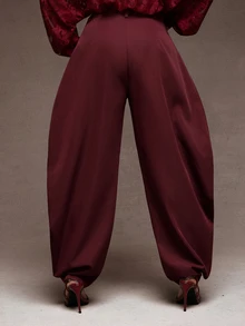 Vixey High Waisted Barrel Office Pants With Gold Button Cuffs, Work Office Outfits, Formal Pants - Red Plum - View 2