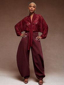 Vixey High Waisted Barrel Office Pants With Gold Button Cuffs, Work Office Outfits, Formal Pants - Red Plum - View 1