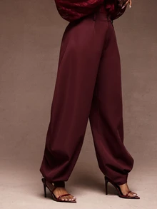 Vixey High Waisted Barrel Office Pants With Gold Button Cuffs, Work Office Outfits, Formal Pants - Red Plum - View 4