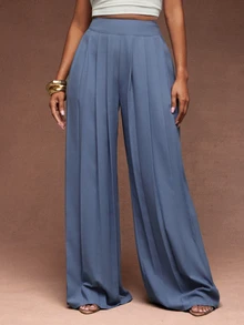 Vixey High Waist Pleated Detail Wide Leg Elegant Pants, Work Office Outfits, Formal Pants - Dusty Blue - View 3