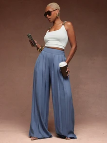 Vixey High Waist Pleated Detail Wide Leg Elegant Pants, Work Office Outfits, Formal Pants - Dusty Blue - View 2