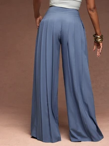 Vixey High Waist Pleated Detail Wide Leg Elegant Pants, Work Office Outfits, Formal Pants - Dusty Blue - View 5