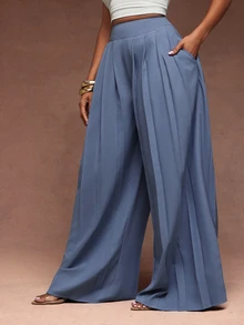 Vixey High Waist Pleated Detail Wide Leg Elegant Pants, Work Office Outfits, Formal Pants - Dusty Blue - View 4