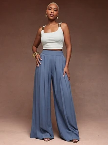 Vixey High Waist Pleated Detail Wide Leg Elegant Pants, Work Office Outfits, Formal Pants - Dusty Blue - View 1
