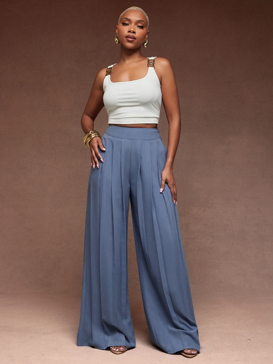 Vixey High Waist Pleated Detail Wide Leg Elegant Pants, Work Office Outfits, Formal Pants - Dusty Blue - View 1