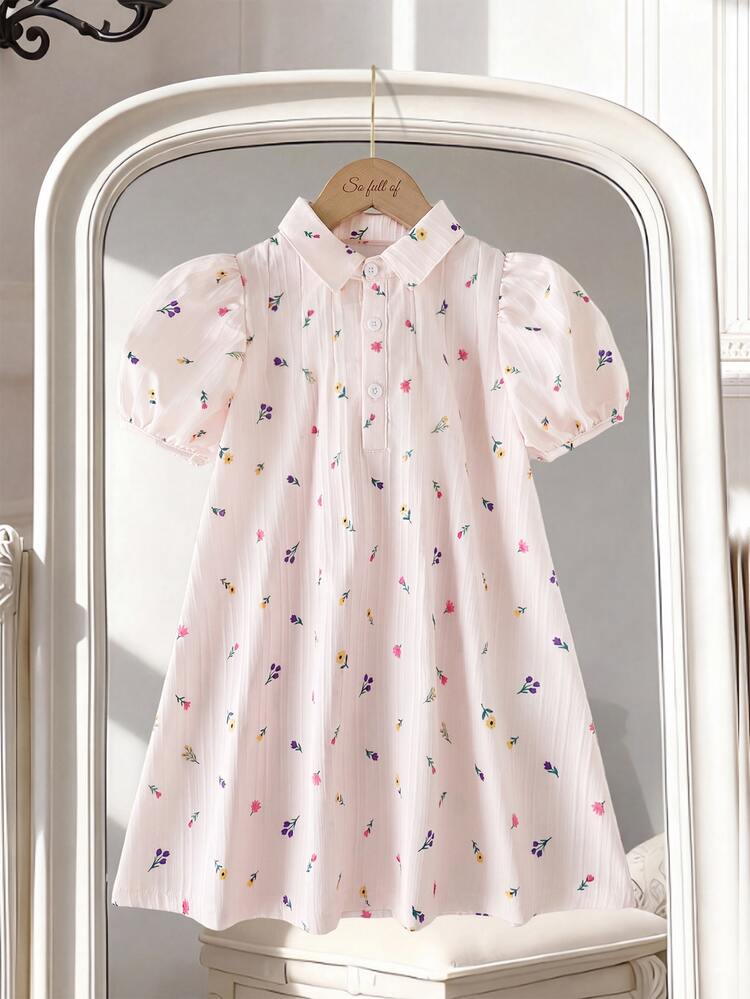 Souflis Souflis Young Girl Yellow Ditsy Floral Dress With Large Bow Back Decor, Short Puff Sleeves, Cute Peter Collar, Casual Fairy Wedding Style, Summer - Pink - View 3