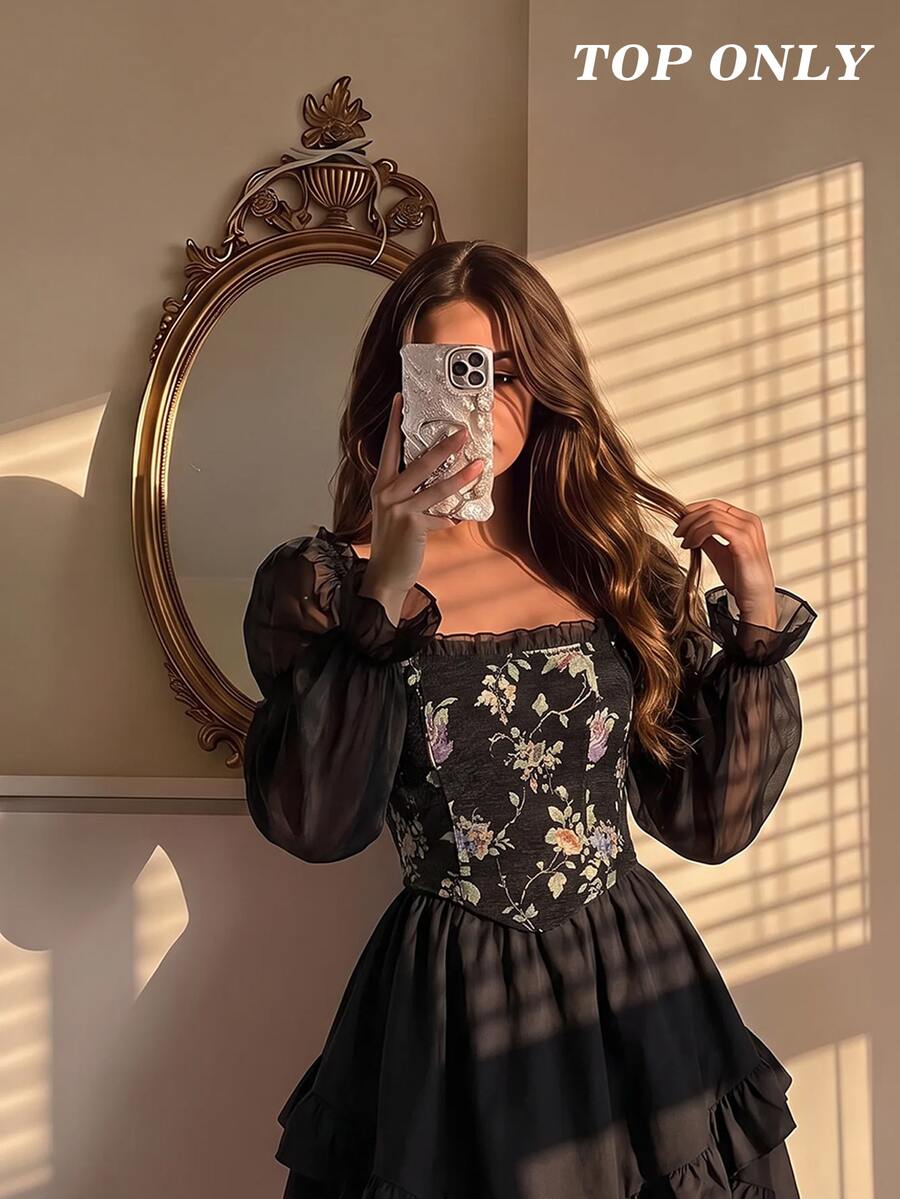 SHEIN MOD 女款花卉圖案休閒百搭日常穿著燈籠袖襯衫 - 黑色 - 查看 1