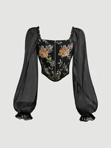 SHEIN MOD 女款花卉圖案休閒百搭日常穿著燈籠袖襯衫 - 黑色 - 查看 6