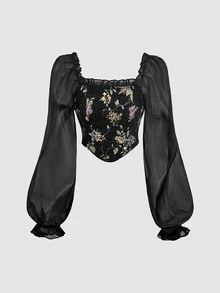 SHEIN MOD 女款花卉圖案休閒百搭日常穿著燈籠袖襯衫 - 黑色 - 查看 4