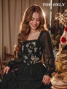 SHEIN MOD 女款花卉圖案休閒百搭日常穿著燈籠袖襯衫 - 黑色 - 查看 5