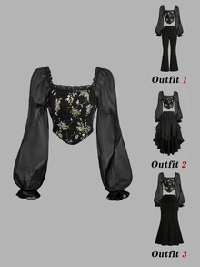 SHEIN MOD 女款花卉圖案休閒百搭日常穿著燈籠袖襯衫 - 黑色 - 查看 2