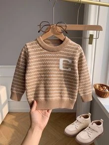 SHEIN Sweater Bayi Laki-laki, Kerah Lipat Lengan Panjang Rajut Garis-garis Warna Blok, Cocok Untuk Musim Semi, Musim Gugur, Musim Dingin, Musim Gugur/Musim Dingin - Khaki - View 10