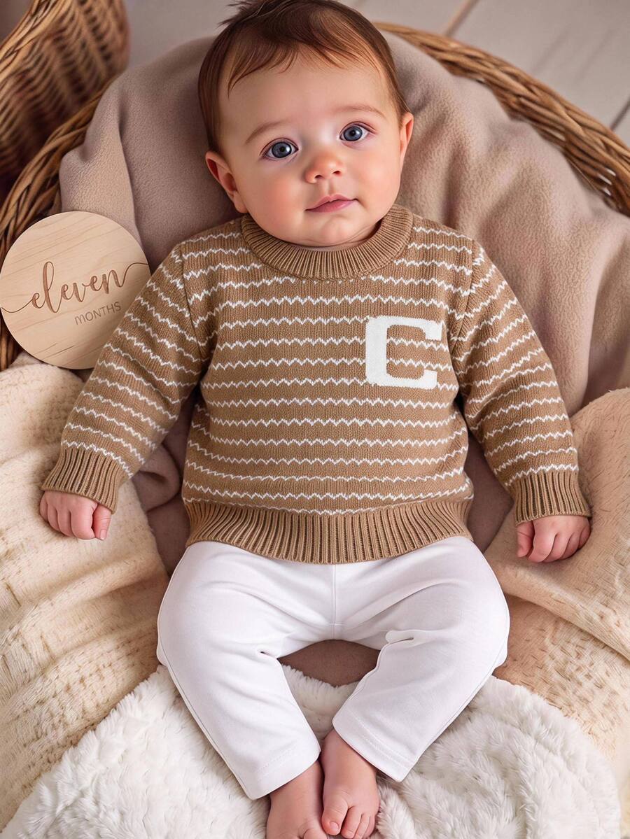 SHEIN Sweater Bayi Laki-laki, Kerah Lipat Lengan Panjang Rajut Garis-garis Warna Blok, Cocok Untuk Musim Semi, Musim Gugur, Musim Dingin, Musim Gugur/Musim Dingin - Khaki - View 1