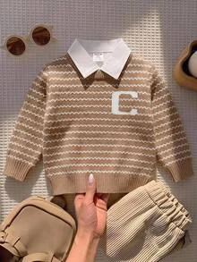 SHEIN Sweater Bayi Laki-laki, Kerah Lipat Lengan Panjang Rajut Garis-garis Warna Blok, Cocok Untuk Musim Semi, Musim Gugur, Musim Dingin, Musim Gugur/Musim Dingin - Khaki - View 8