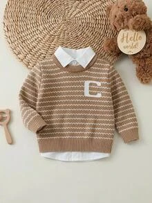 SHEIN Sweater Bayi Laki-laki, Kerah Lipat Lengan Panjang Rajut Garis-garis Warna Blok, Cocok Untuk Musim Semi, Musim Gugur, Musim Dingin, Musim Gugur/Musim Dingin - Khaki - View 11