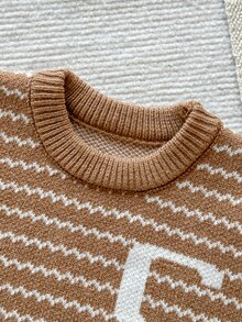 SHEIN Sweater Bayi Laki-laki, Kerah Lipat Lengan Panjang Rajut Garis-garis Warna Blok, Cocok Untuk Musim Semi, Musim Gugur, Musim Dingin, Musim Gugur/Musim Dingin - Khaki - View 4
