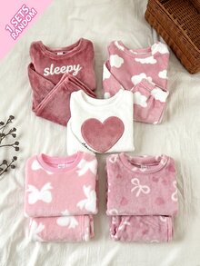 SHEIN Baby Girl Sweet Korean Style Pink Bow Print Flannel Round Neck Loose Long Sleeve Fall Autumn/Winter Pants 2pcs Set, Thickened Double-Sided Fleece - Multicolor - View 8
