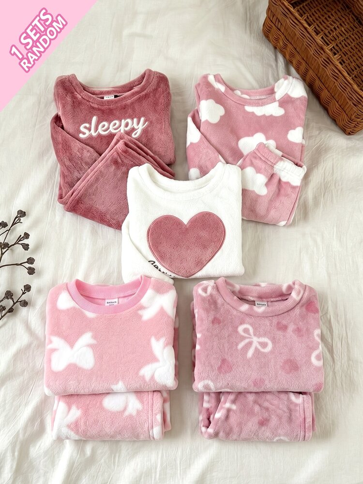 SHEIN Baby Girl Sweet Korean Style Pink Bow Print Flannel Round Neck Loose Long Sleeve Fall Autumn/Winter Pants 2pcs Set, Thickened Double-Sided Fleece - Multicolor - View 8
