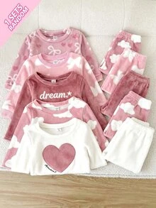 SHEIN Baby Girl Sweet Korean Style Pink Bow Print Flannel Round Neck Loose Long Sleeve Fall Autumn/Winter Pants 2pcs Set, Thickened Double-Sided Fleece - Multicolor - View 9