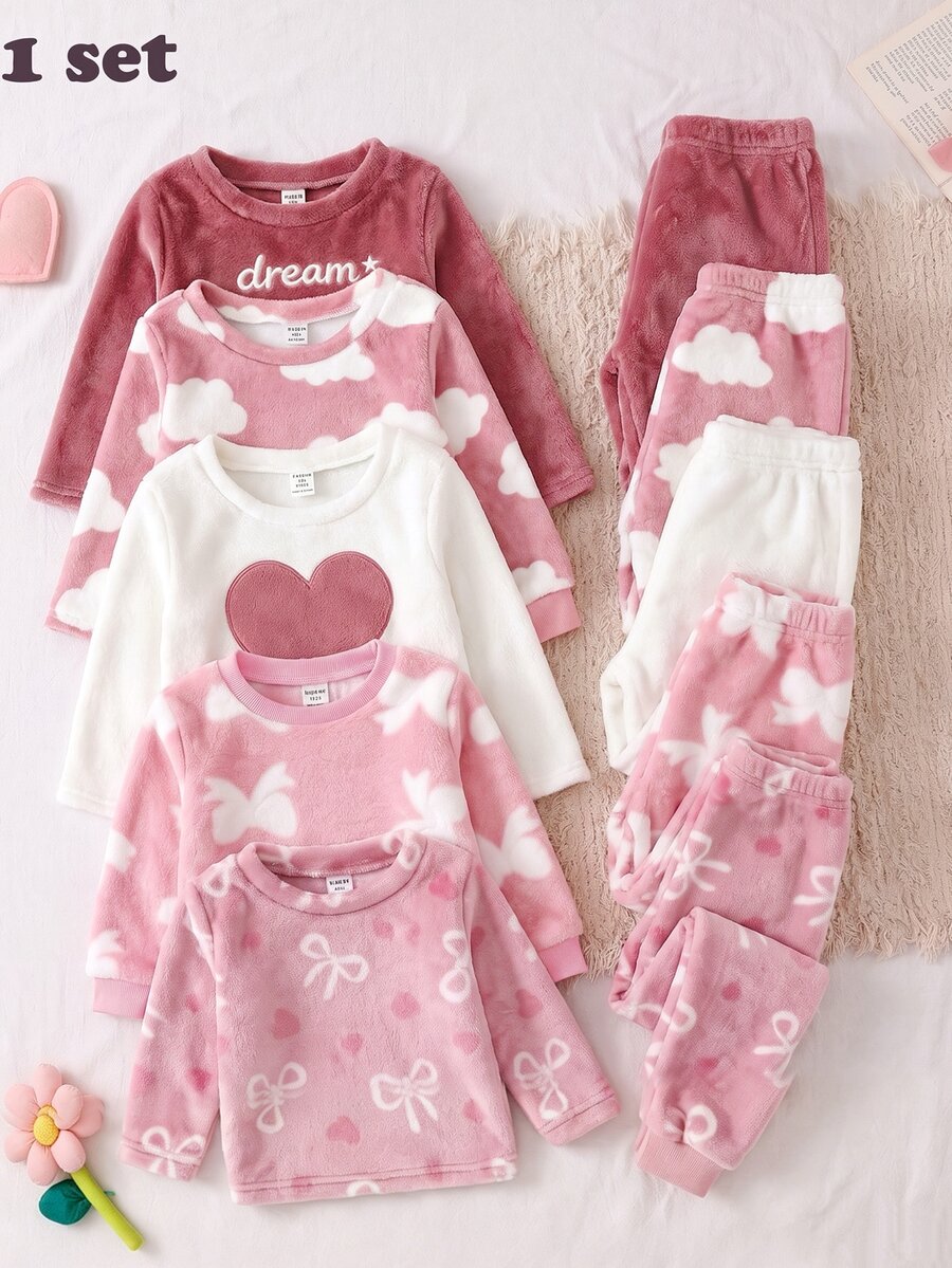 SHEIN Baby Girl Sweet Korean Style Pink Bow Print Flannel Round Neck Loose Long Sleeve Fall Autumn/Winter Pants 2pcs Set, Thickened Double-Sided Fleece - Multicolor - View 1