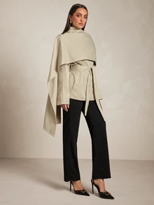 Silquee Khaki Cape-Style Trench Coat, High-End Deconstructive Design, Urban Sophisticated Elegant, High Stand Collar, Waist-Cinching Belt, Sleek Cool Look, Suitable For Workplace/Business Commute - Khaki - View 7