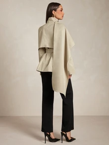 Silquee Khaki Cape-Style Trench Coat, High-End Deconstructive Design, Urban Sophisticated Elegant, High Stand Collar, Waist-Cinching Belt, Sleek Cool Look, Suitable For Workplace/Business Commute - Khaki - View 6
