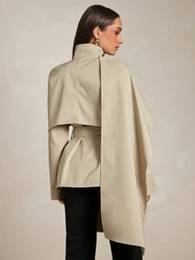 Silquee Khaki Cape-Style Trench Coat, High-End Deconstructive Design, Urban Sophisticated Elegant, High Stand Collar, Waist-Cinching Belt, Sleek Cool Look, Suitable For Workplace/Business Commute - Khaki - View 9