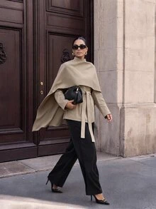 Silquee Khaki Cape-Style Trench Coat, High-End Deconstructive Design, Urban Sophisticated Elegant, High Stand Collar, Waist-Cinching Belt, Sleek Cool Look, Suitable For Workplace/Business Commute - Khaki - View 3