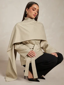 Silquee Khaki Cape-Style Trench Coat, High-End Deconstructive Design, Urban Sophisticated Elegant, High Stand Collar, Waist-Cinching Belt, Sleek Cool Look, Suitable For Workplace/Business Commute - Khaki - View 10