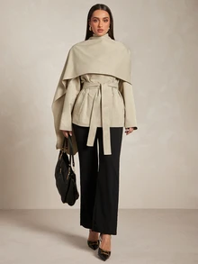 Silquee Khaki Cape-Style Trench Coat, High-End Deconstructive Design, Urban Sophisticated Elegant, High Stand Collar, Waist-Cinching Belt, Sleek Cool Look, Suitable For Workplace/Business Commute - Khaki - View 13