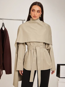 Silquee Khaki Cape-Style Trench Coat, High-End Deconstructive Design, Urban Sophisticated Elegant, High Stand Collar, Waist-Cinching Belt, Sleek Cool Look, Suitable For Workplace/Business Commute - Khaki - View 12