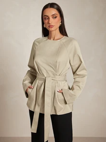 Silquee Khaki Cape-Style Trench Coat, High-End Deconstructive Design, Urban Sophisticated Elegant, High Stand Collar, Waist-Cinching Belt, Sleek Cool Look, Suitable For Workplace/Business Commute - Khaki - View 15