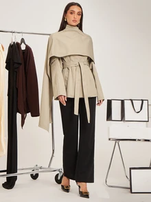 Silquee Khaki Cape-Style Trench Coat, High-End Deconstructive Design, Urban Sophisticated Elegant, High Stand Collar, Waist-Cinching Belt, Sleek Cool Look, Suitable For Workplace/Business Commute - Khaki - View 11